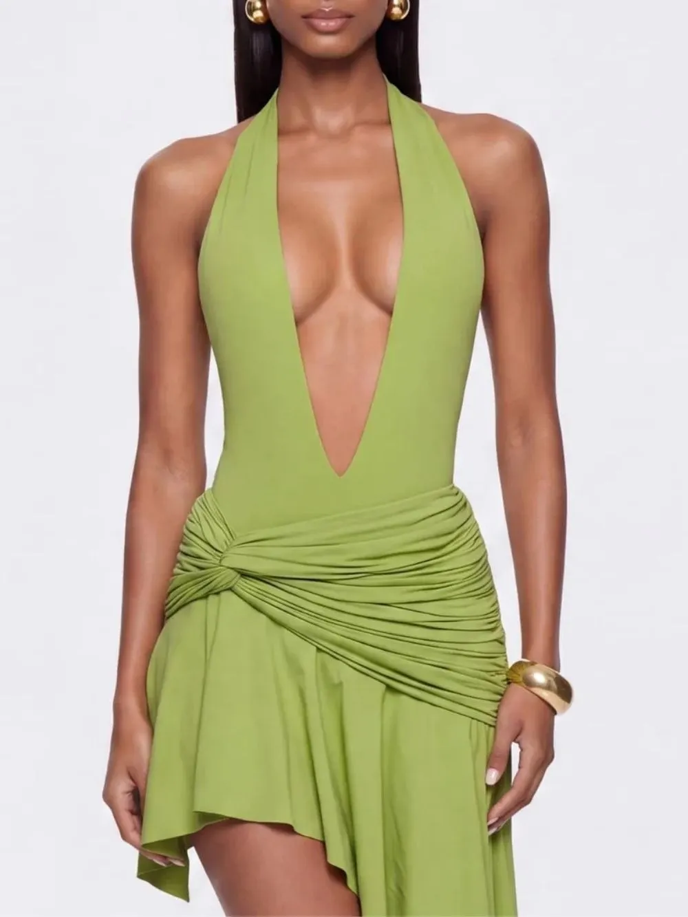 Kyraven Plunge Neck Ruched Mini Dress - OWNCI