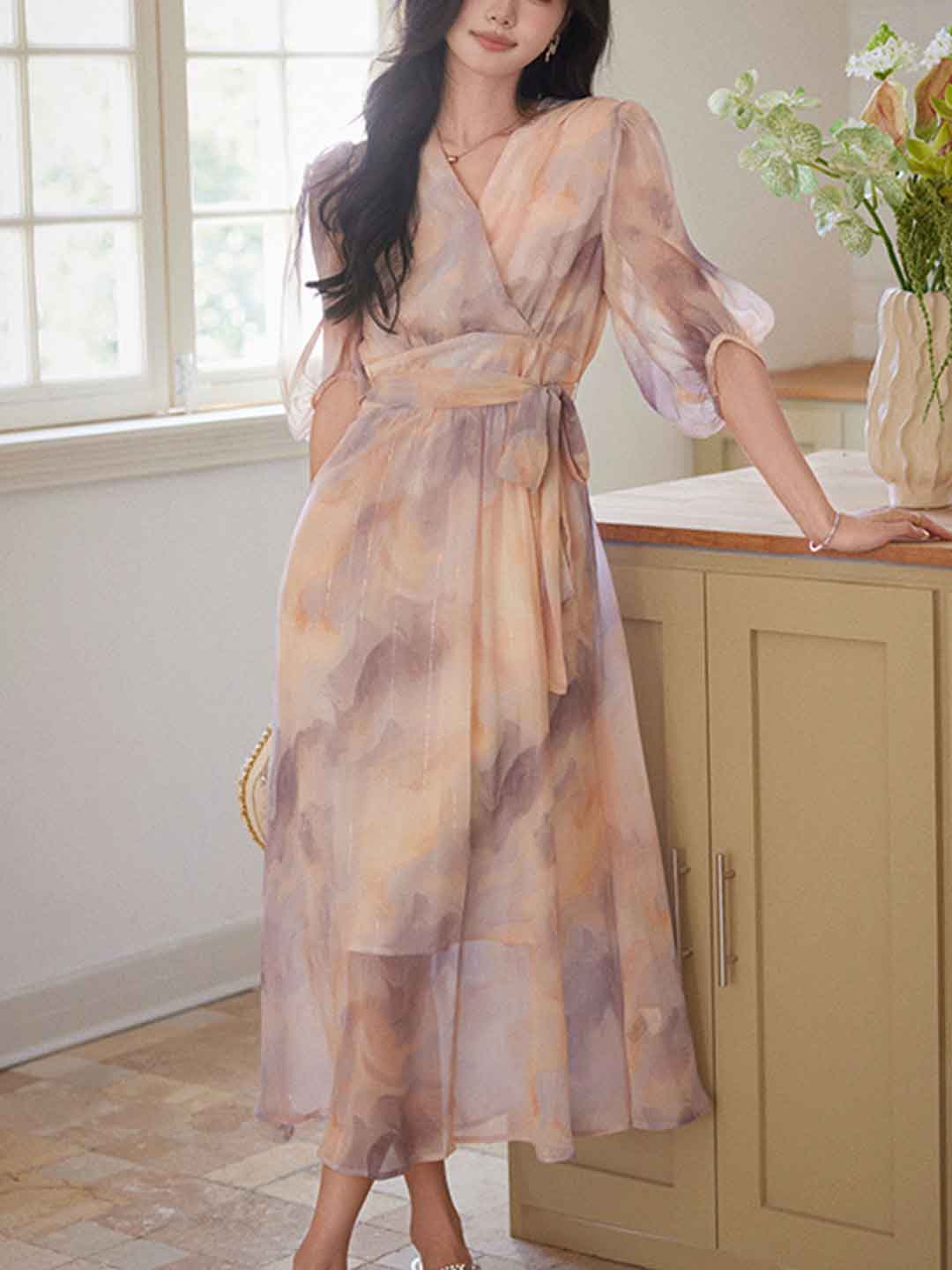 10a8991fadd8773e2e061c7ffafca14e Phoenix Classic V-Neck Floral Printed Tie Dress