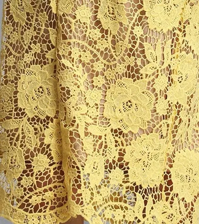 Lemon Yellow Floral Lace Peplum Midi Dress with Lapel Collar & Crystal Buttons