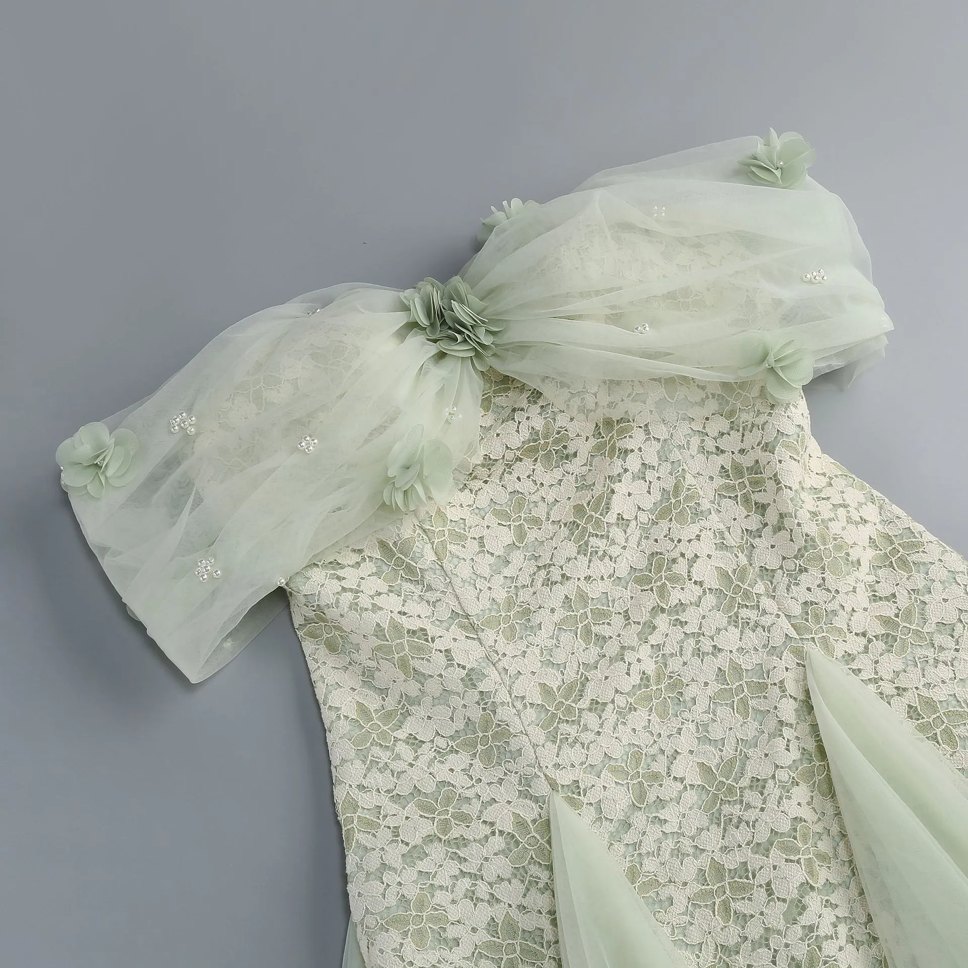 Malina Green Off-Shoulder Lace Mesh Mini Dress - OWNCI