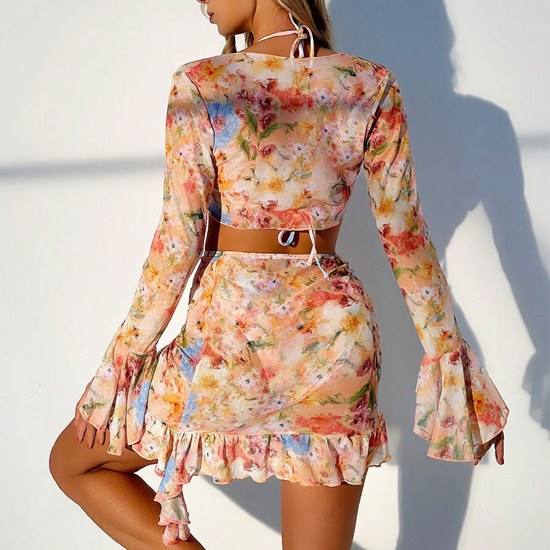 Printed Long-Sleeve Split Cover-Up Bikini
