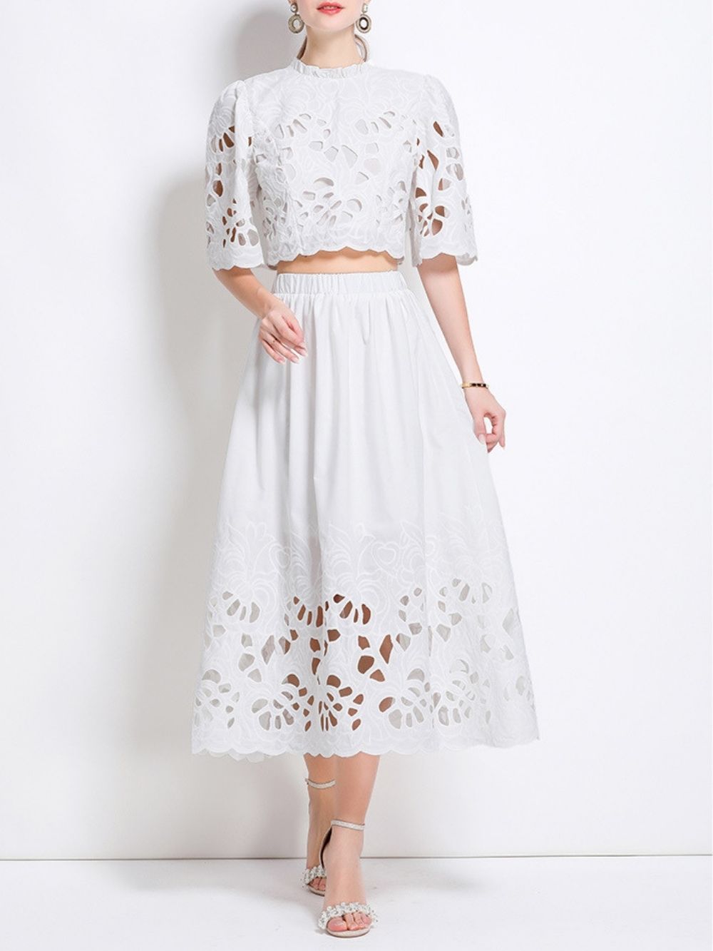 Mahira White Flower Embroidery Two-Piece Set - OWNCI Mahira White Flower Embroidery Two-Piece Set - OWNCI