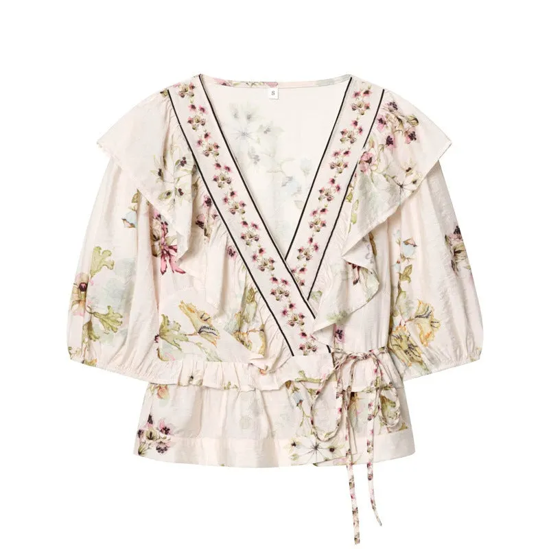 V-Neck Linen Blend Floral Shirt
