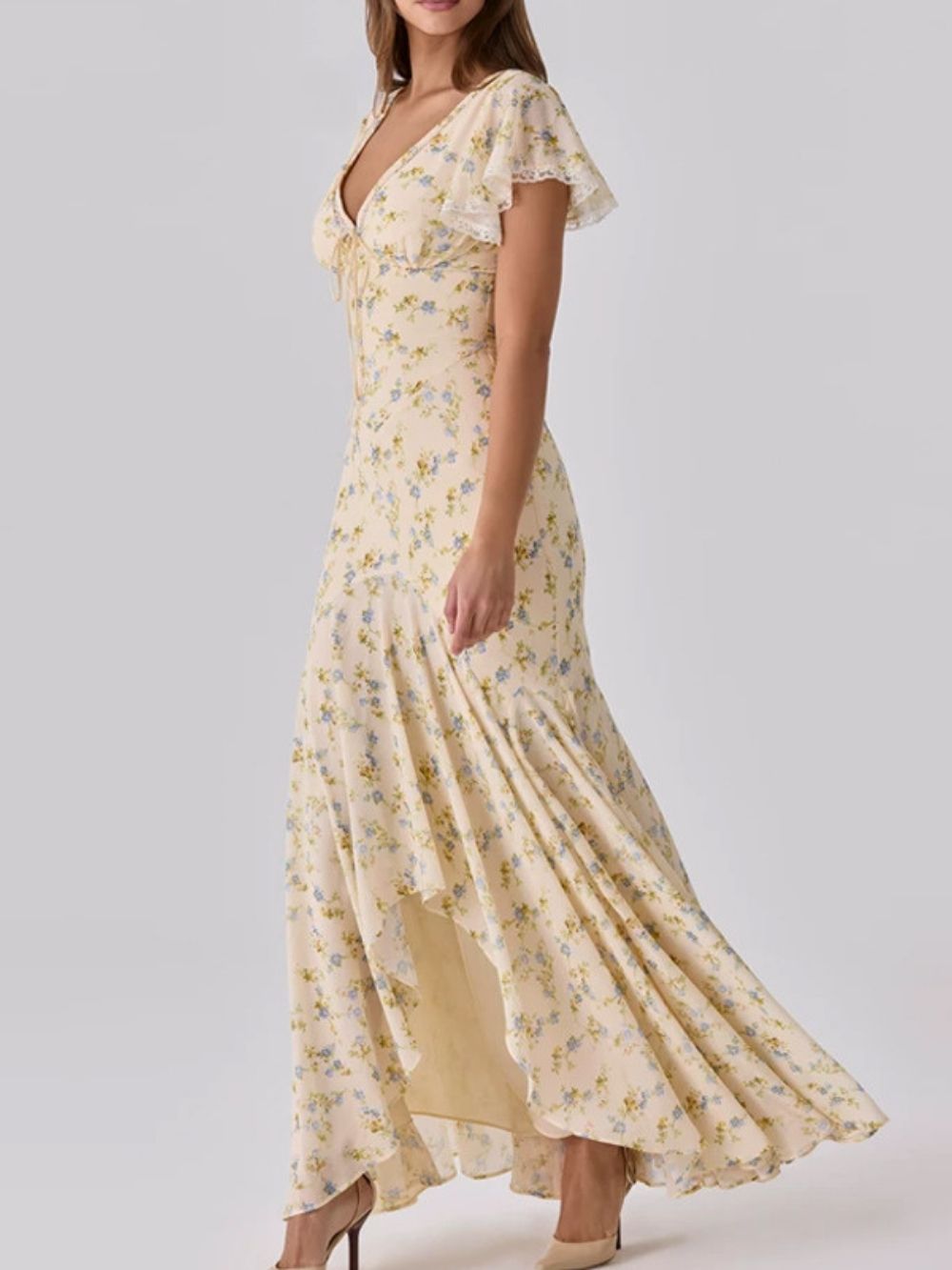 1175ad6d4f350b94545e136132a65620.jpg Fashionslee Women Ashgar Butter Yellow Puff Sleeve Floral Maxi Dress
