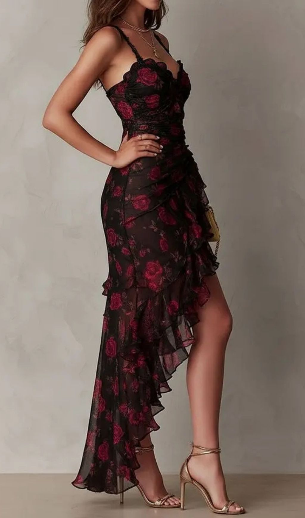 11ae9720b8d2e694fbdd67edd656fa6c.jpg Fashionslee Women Chic Black And Red Floral Ruched Ruffle Hem Dress