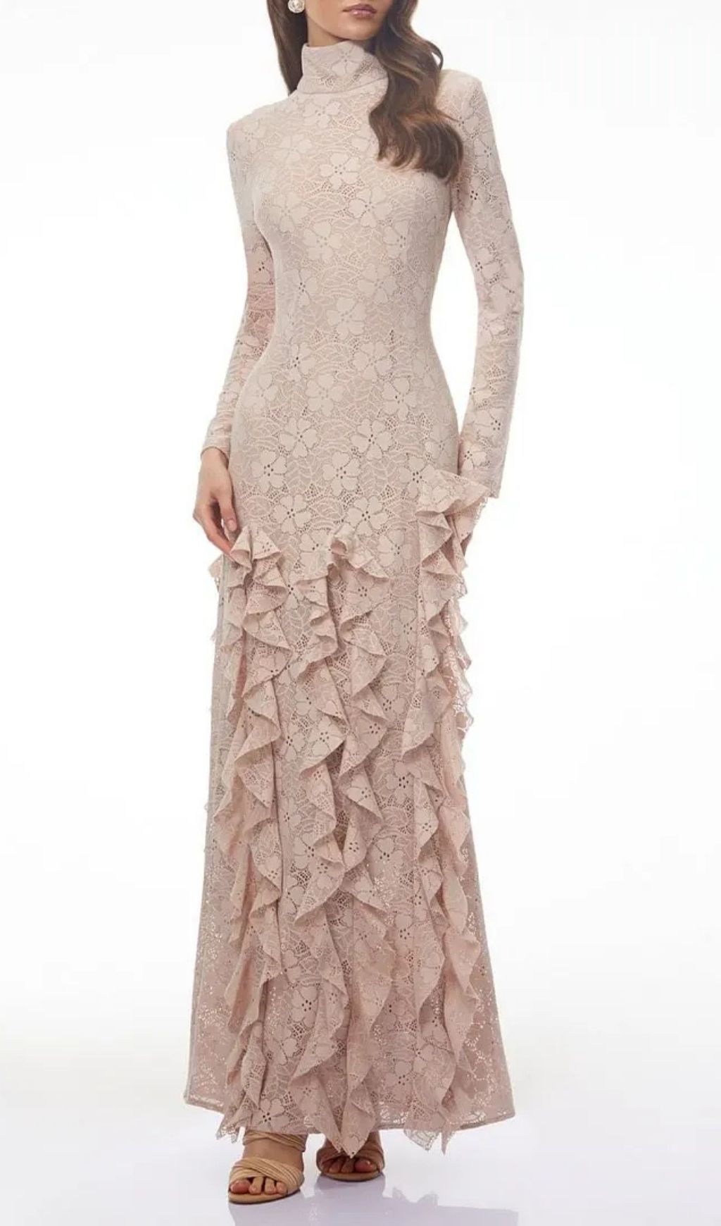 Michelle Nude Floral Lace Ruffled Maxi Dress