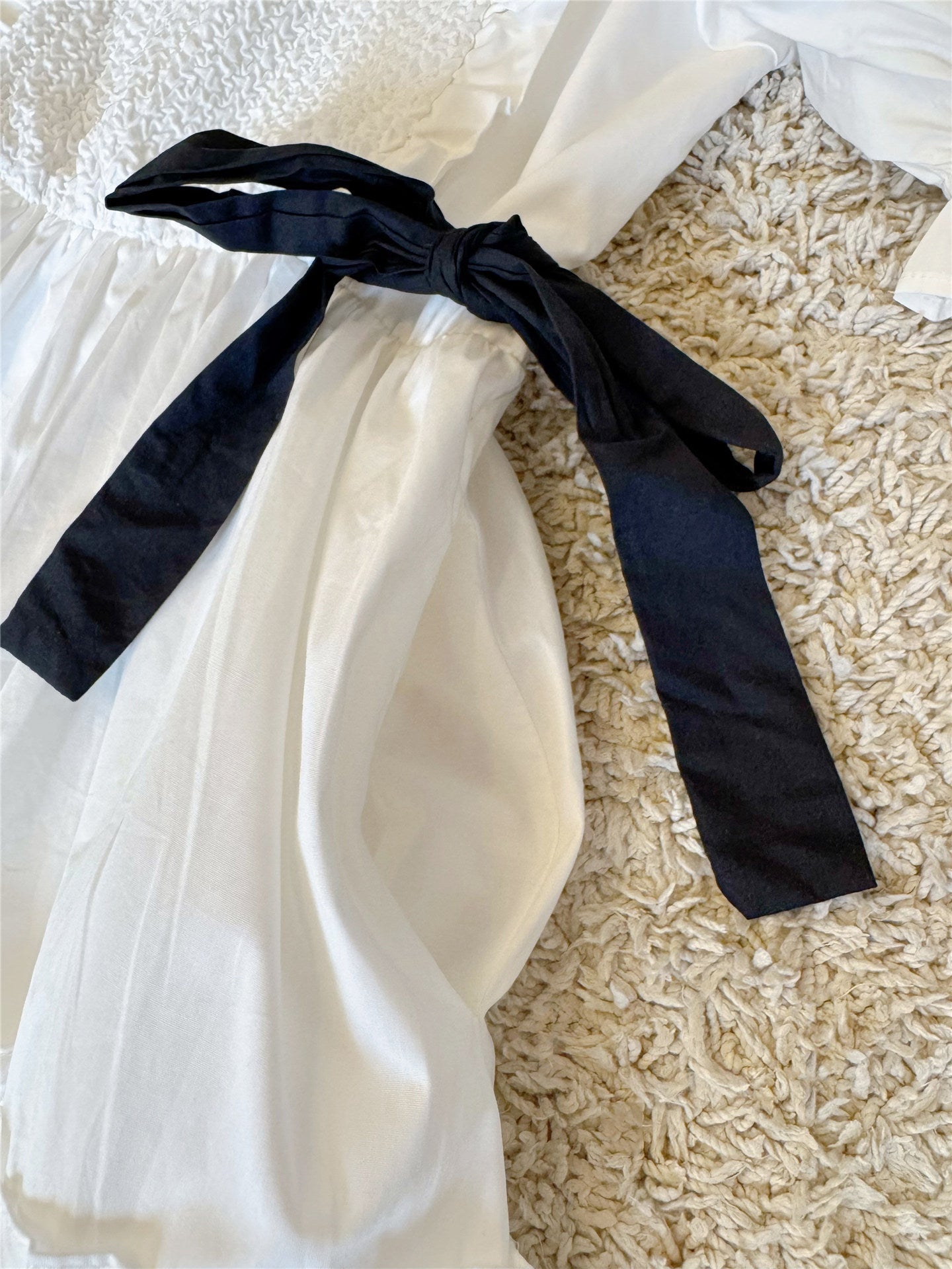 Bow Ruffled Lantern Sleeve Pocket Cotton Dress
