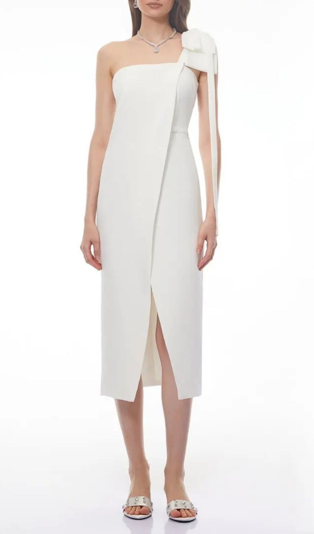 Estelle White Off Shoulder Satin Midi Dress With Bow