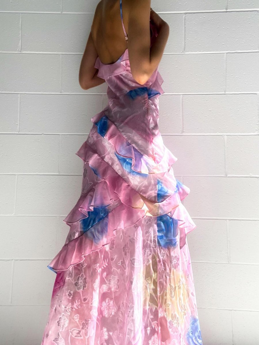 Floral Printed Spaghetti Straps Maxi Dress With Ruffles - OWNCI