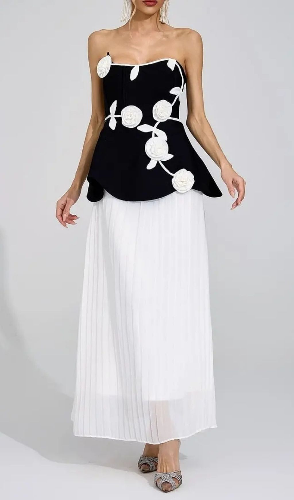 Mignon Black White Floral Strapless Maxi Dress