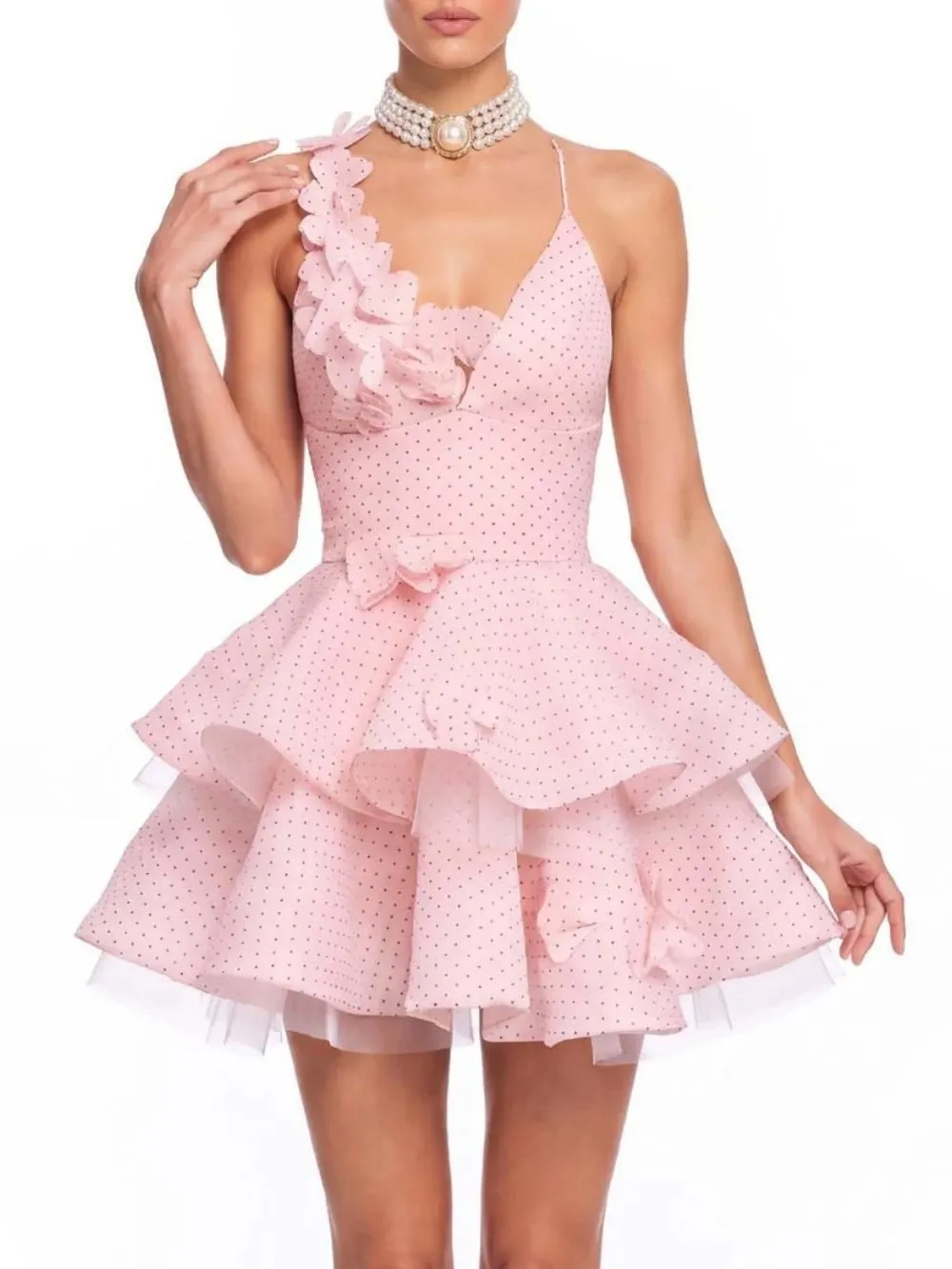 Xexis V Neck Tiered Dot Mini Dress