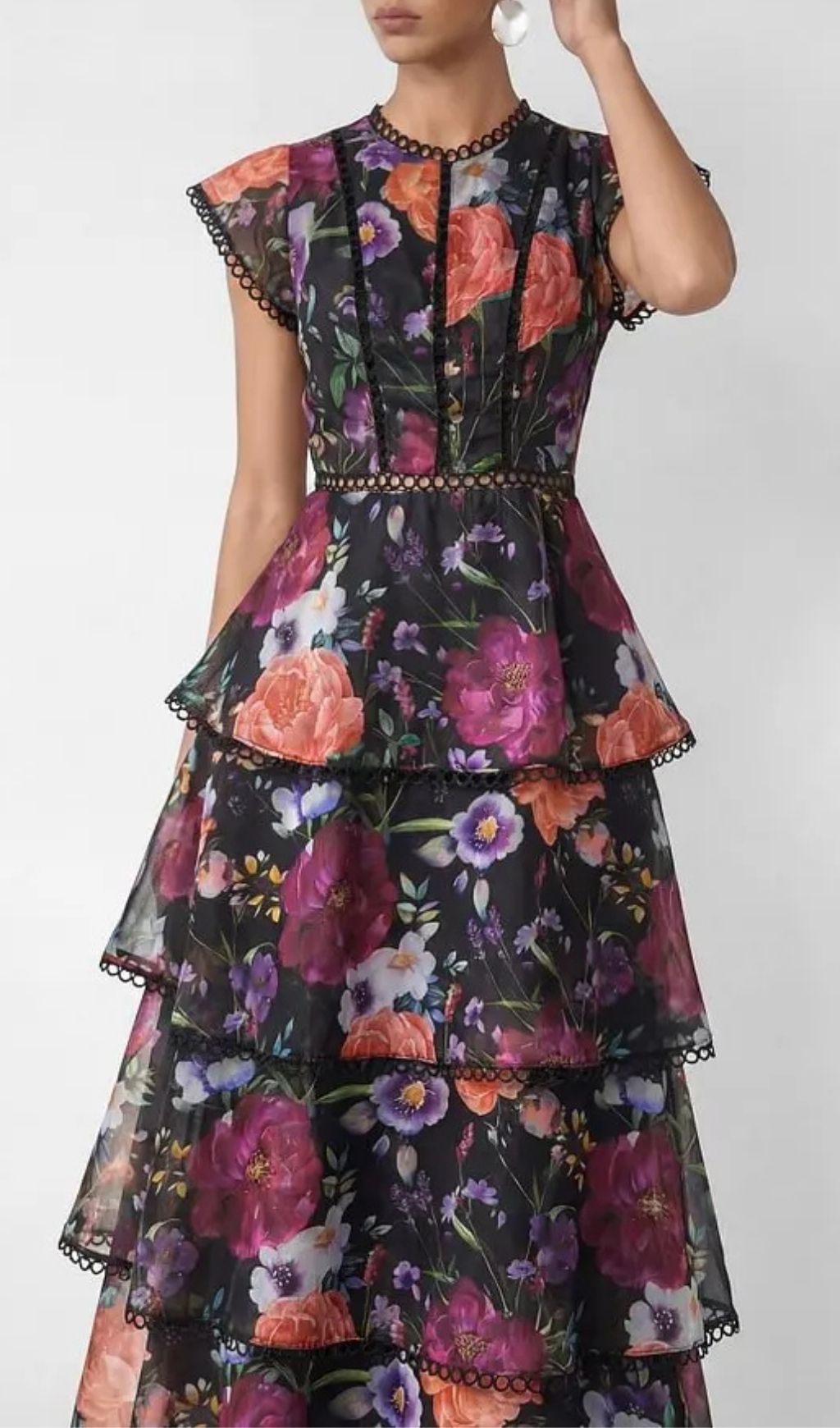 Black Floral Print Tiered Ruffle Maxi Dress