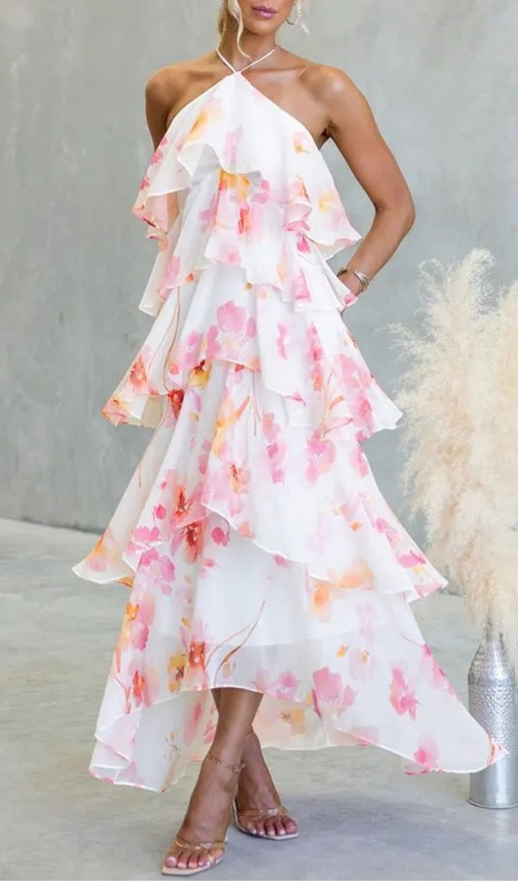 Floral Ruffle Halter Neck Midi Dress - Pink