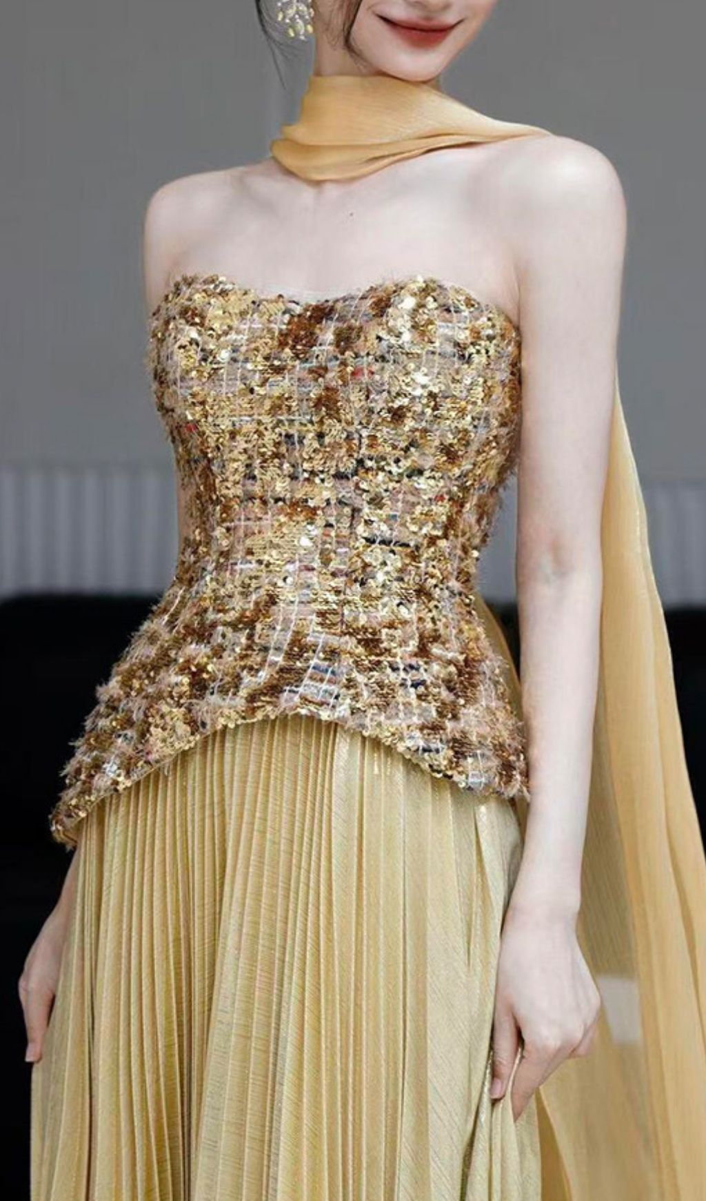 14778112d97c302a15551019437a630c Kriti Gold Strapless Pleated Maxi Dress