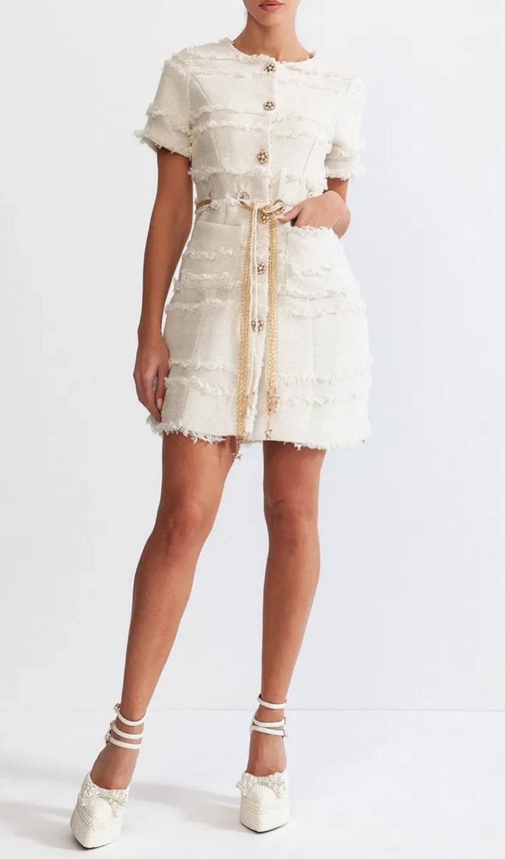 Marguerite Pearl Chain Tweed Mini Dress - Beige