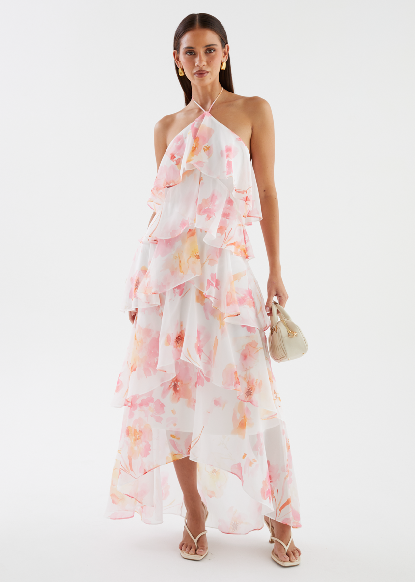 Floral Print Layerhalter Maxi Dress - Pink Floral