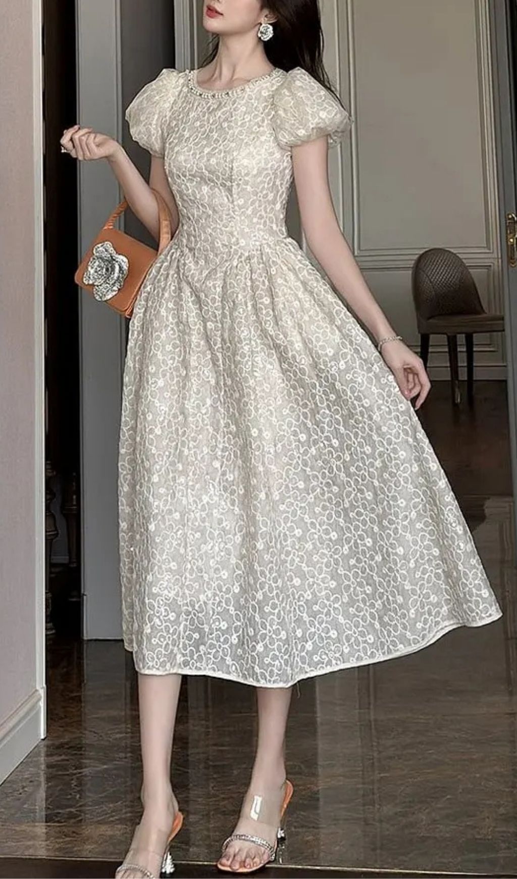 Pearl Neck Puff Sleeve Flared Lace Maxi Dress - Apricot