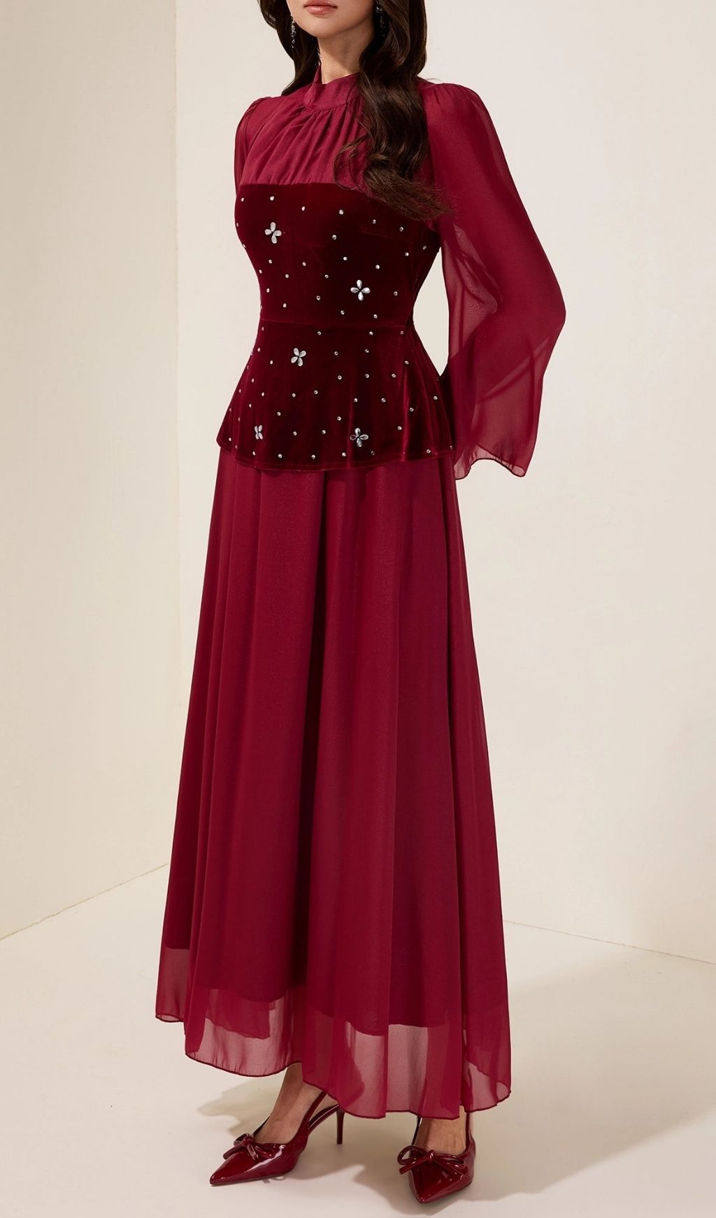 Caroline Rhinestone Velvet Splicing Maxi Dress - Burgundy
