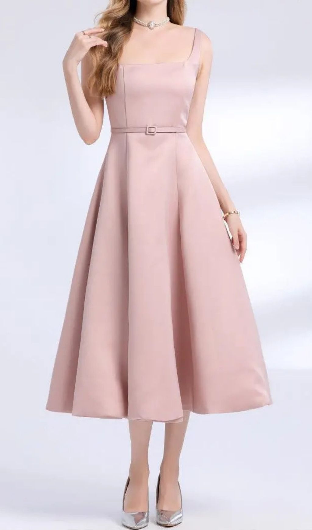 Amelia Square Neck Satin Slip Midi Dress - Pink