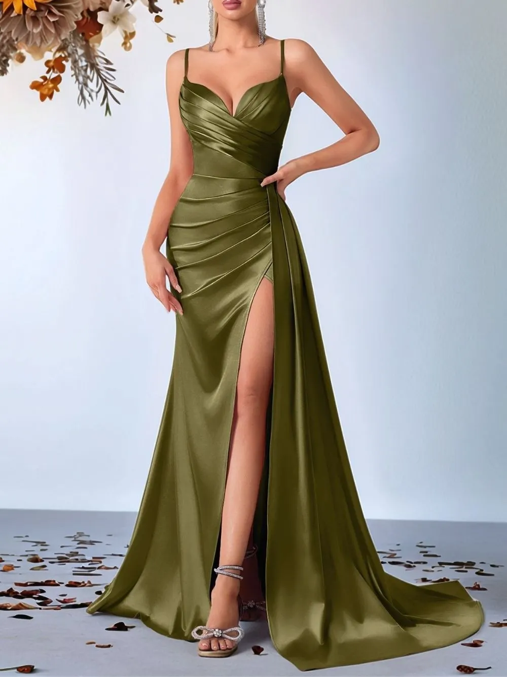 Makala Army Green Strappy Ruched Maxi Dress