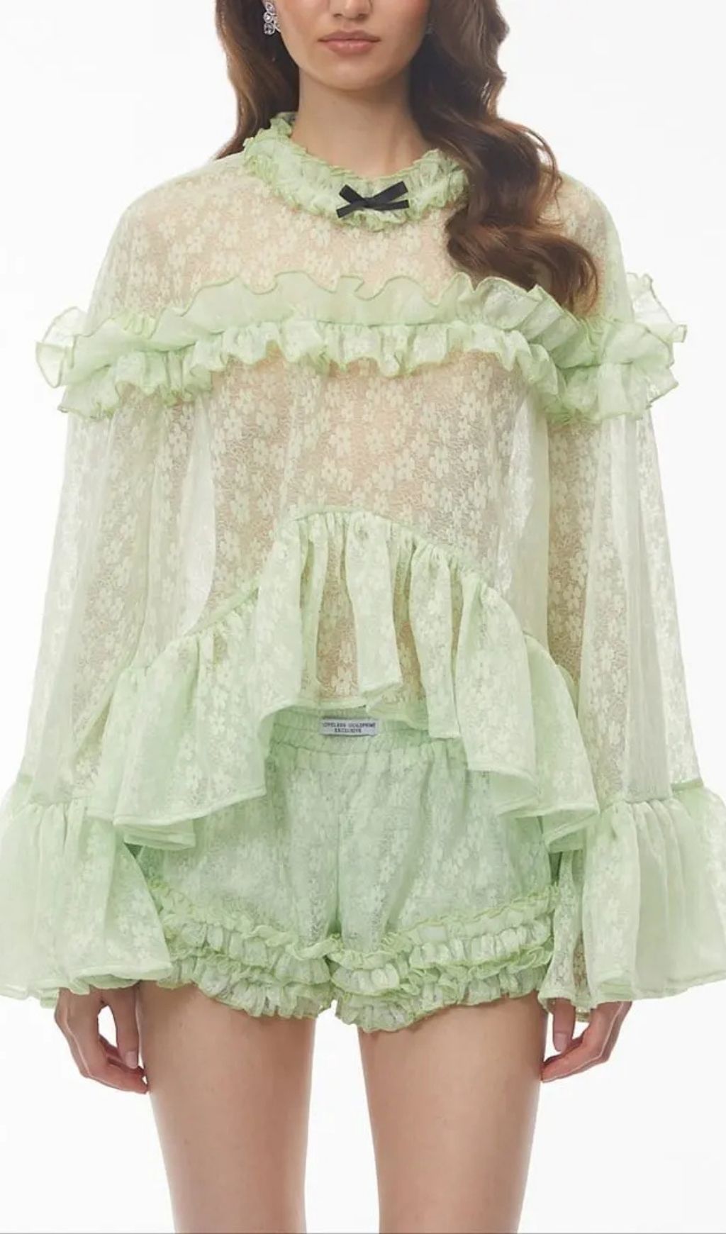 159b1d3e41c619093bf4638a1d78d50b Vanessa Mint Green Floral Lace Ruffled Top & Shorts Set