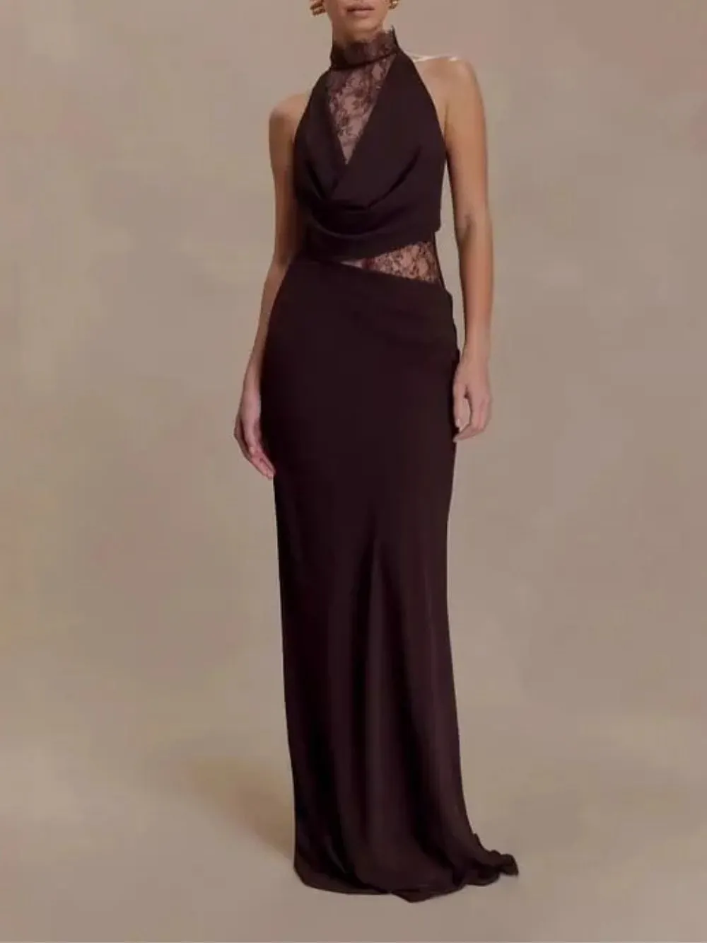 Halter Lace Cutout Draped Maxi Gown