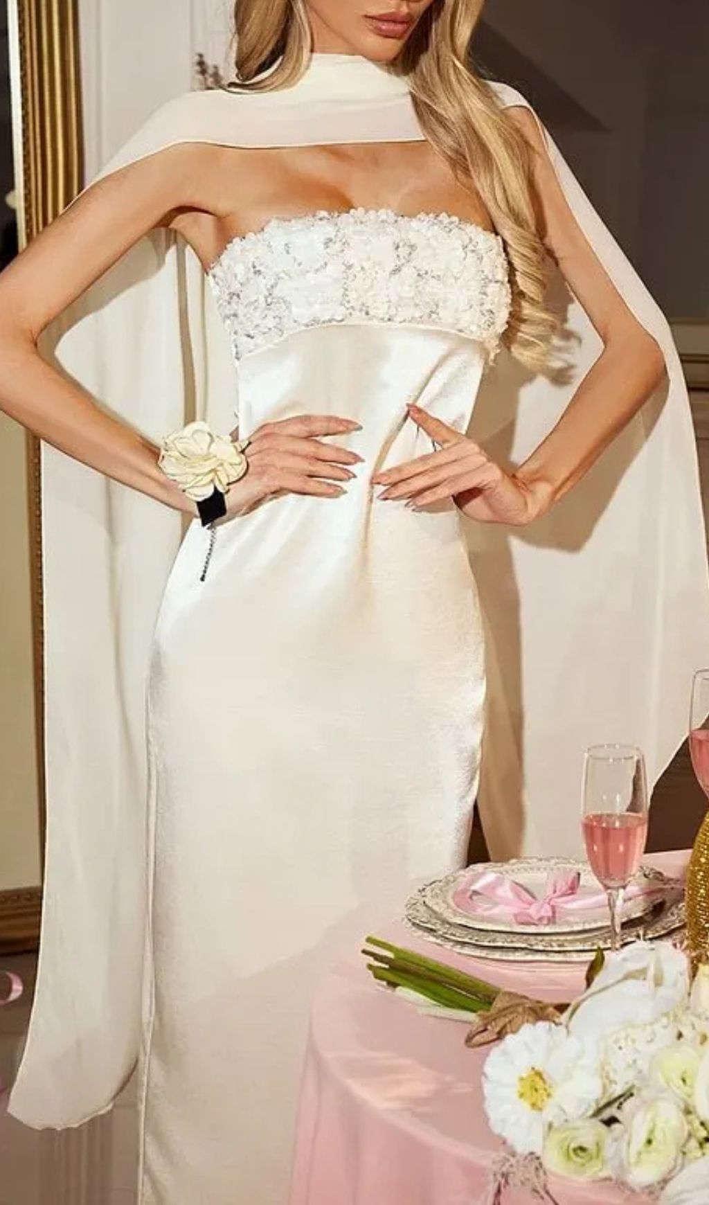 Jessica Cape Flower Sequin Satin Maxi Dress In Ivory