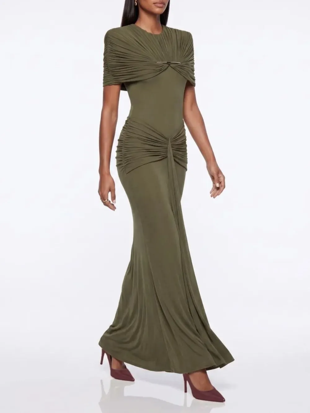 Quvion Shoulder Pad Ruched Maxi Dress In Olive - OWNCI Quvion Shoulder Pad Ruched Maxi Dress In Olive - OWNCI