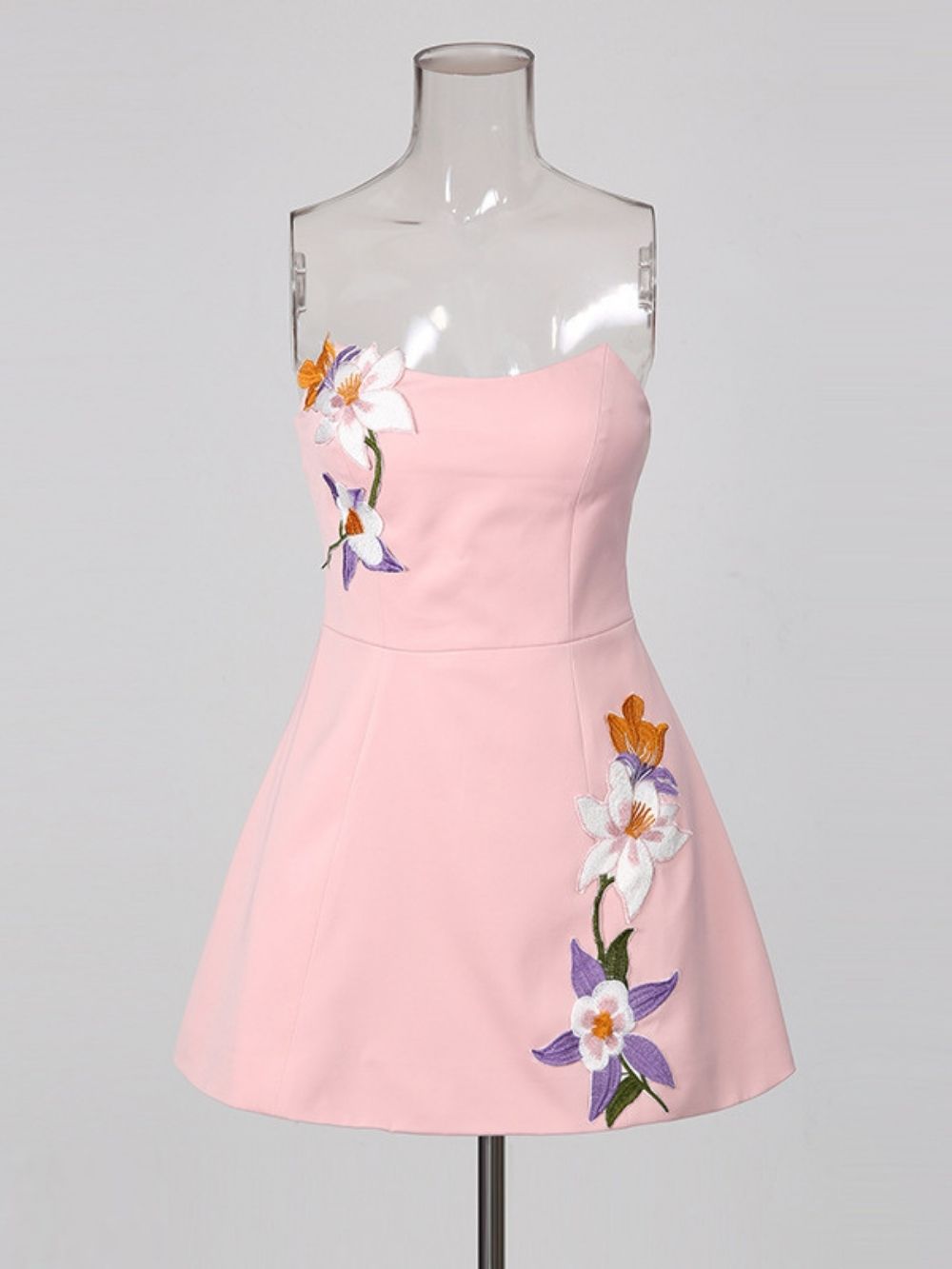 Madden Pink Strapless Flower Embroidery Mini Dress - OWNCI Madden Pink Strapless Flower Embroidery Mini Dress - OWNCI