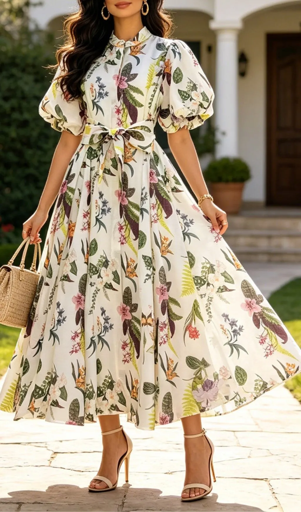 Fashionslee Women Mada Printed Puff-Sleeve Maxi Dress