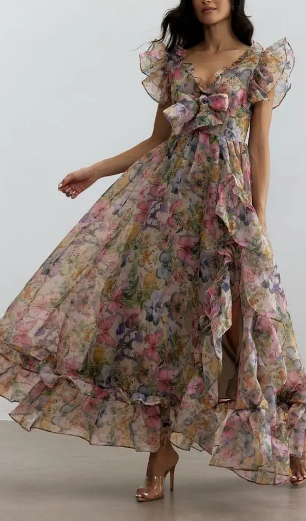 Butterfly Print Ruffle Chiffon Maxi Dress