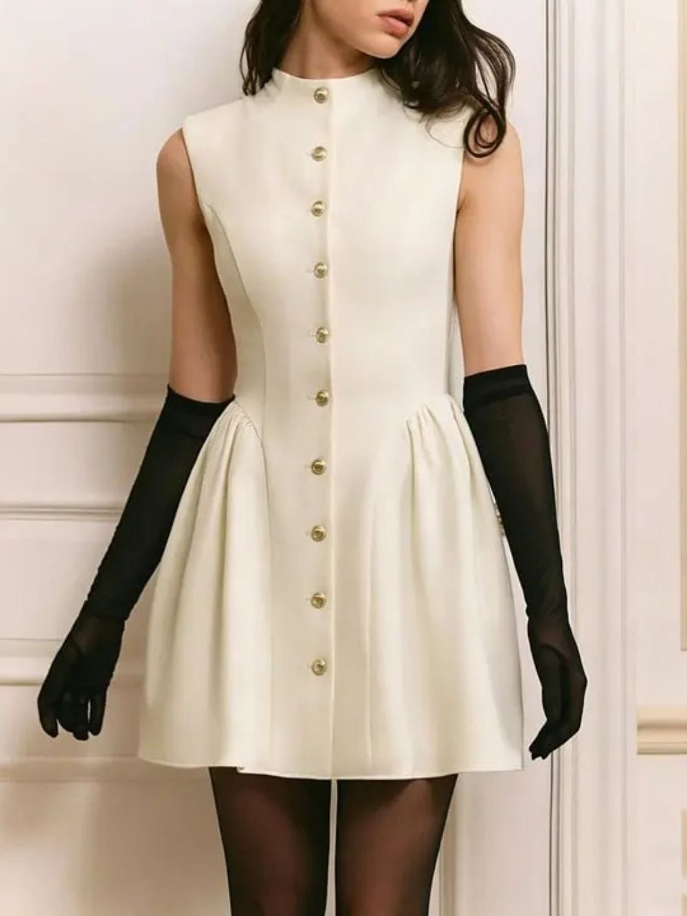 Stand Collar Gold Button Sleeveless Mini Dress
