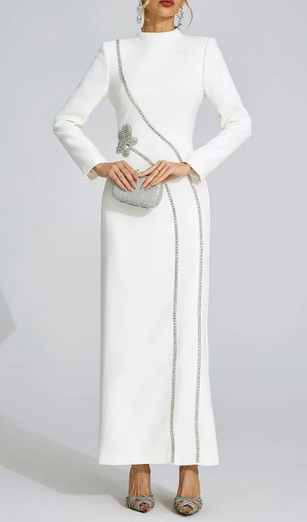 Nicola Diamond Embellished Long Sleeve Maxi Dress - White