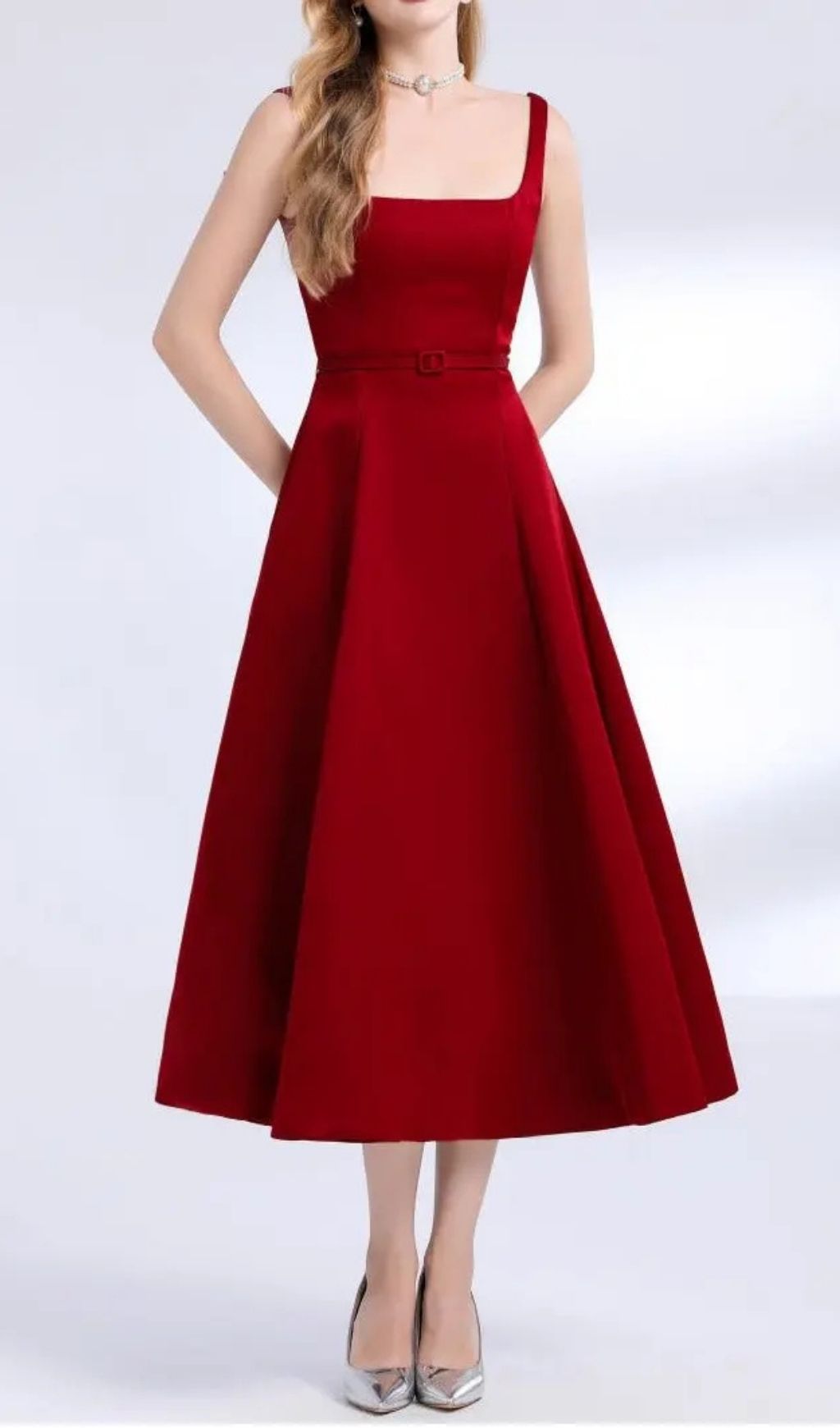 Amelia Square Neck Satin Slip Midi Dress - Red