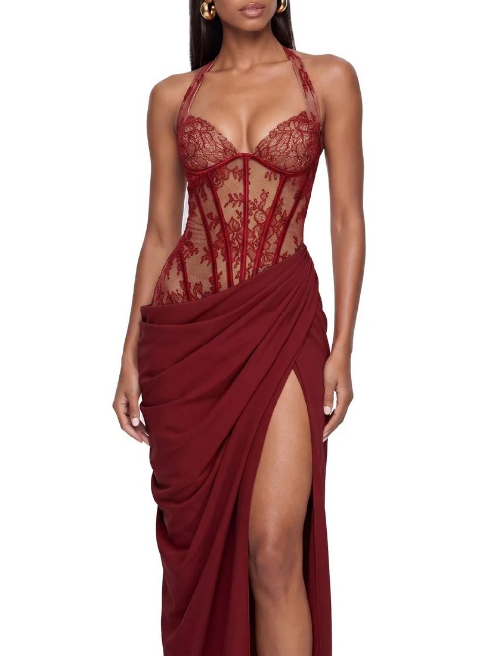 Fujiye Halterneck Lace Corset Split Dress
