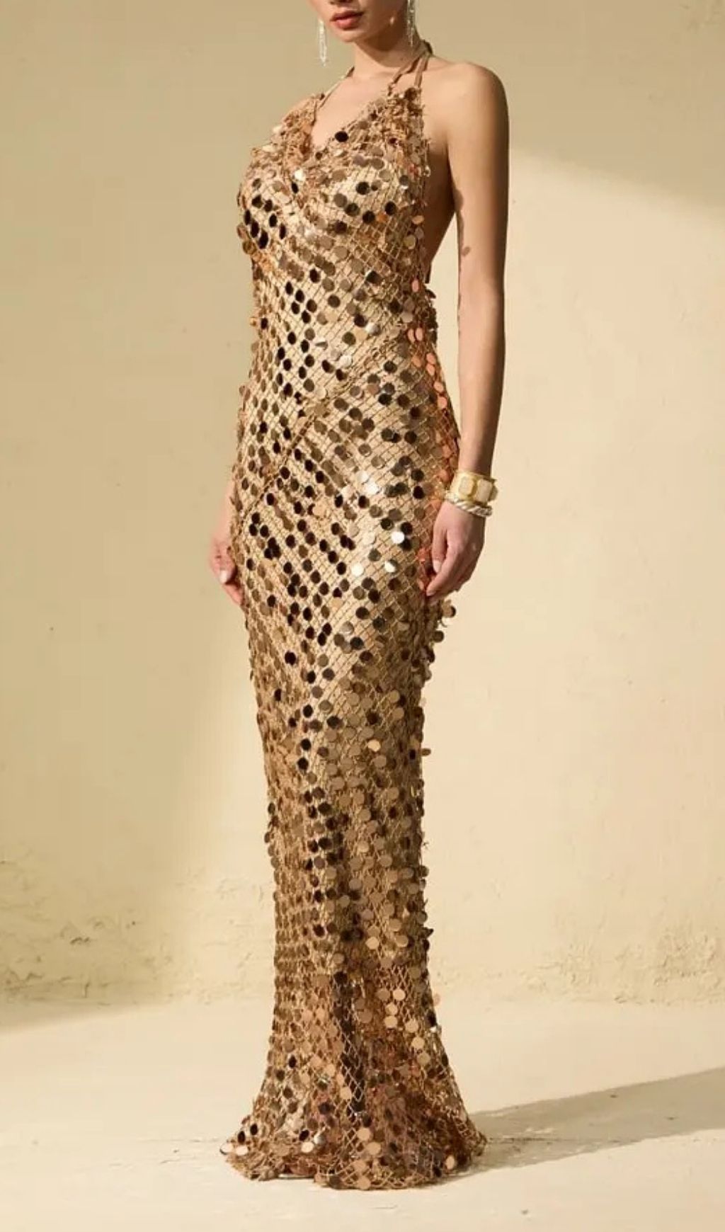 1921e120138ce096d914eaf6aee33815 Jennifer Gold Sequin Fishnet Backless Maxi Dress