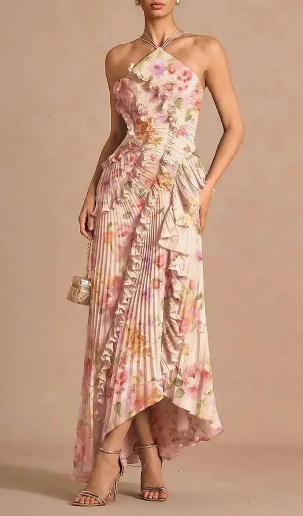 192b9b30719fcc1198abdada321f6cef Marcia Bouquet Floral Ruffle Trim Pleated Maxi Dress
