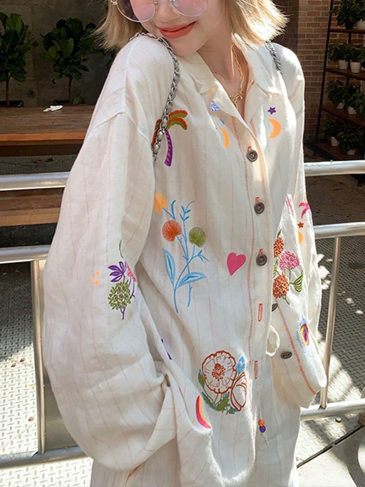 White Embroidery Cotton Linen Long Sleeve Shirt