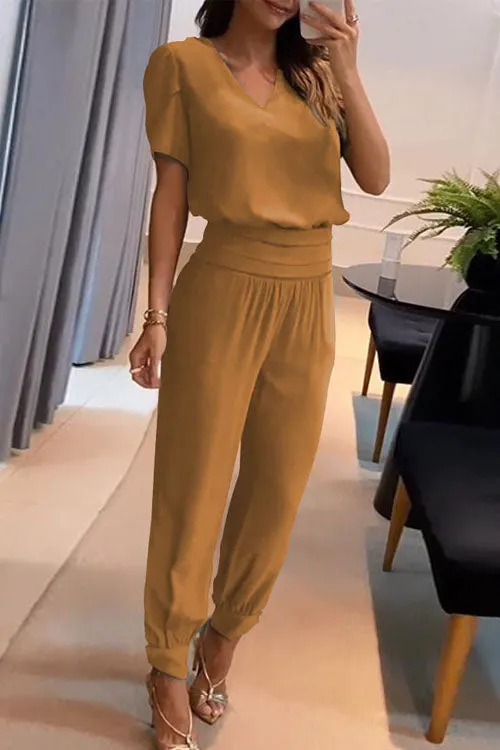 Casual V-Neck Printed Short Sleeve Long Pants Two-Piece Set