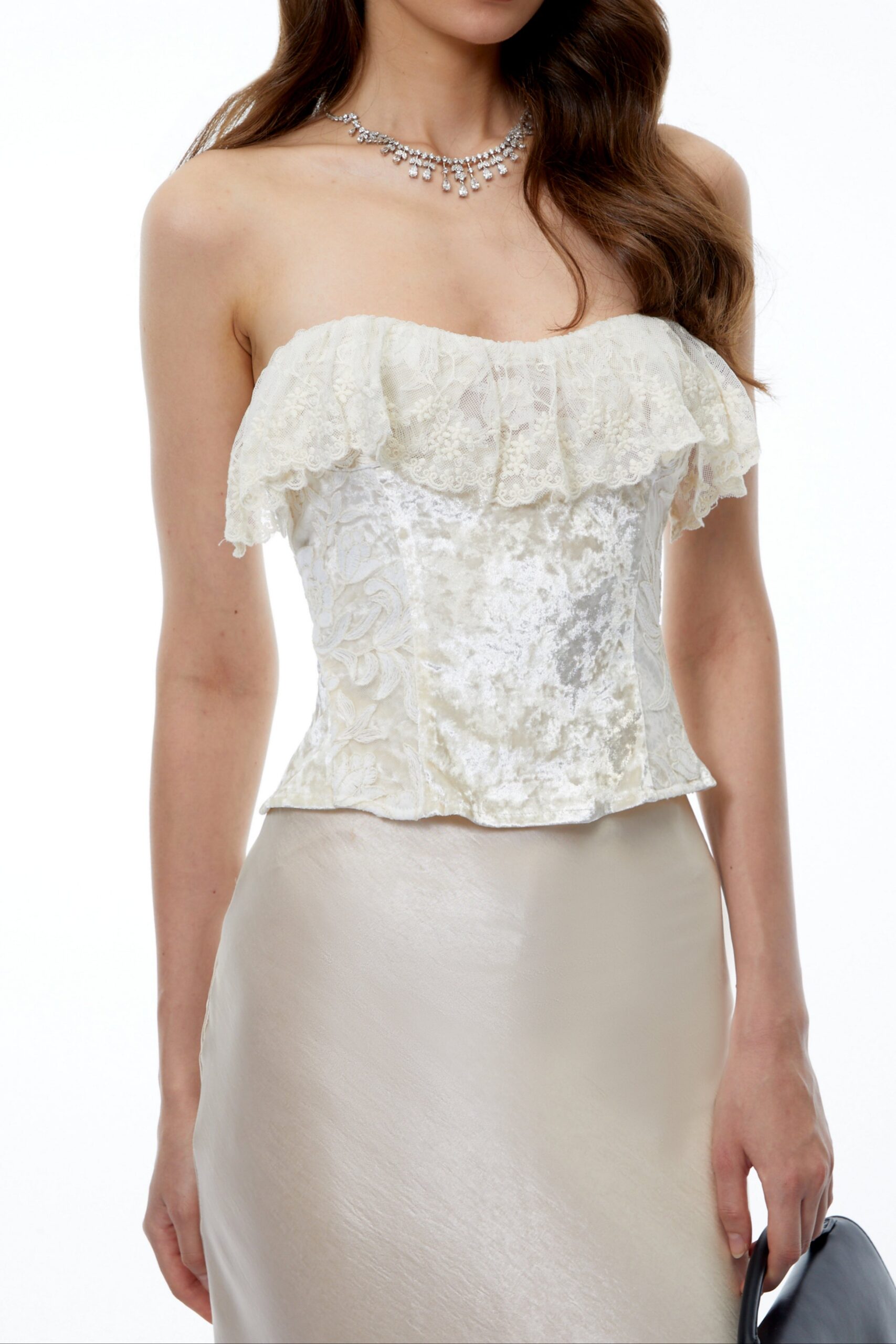 Strapless Ruffle Lace Trim Velvet Jacquard Corset Top