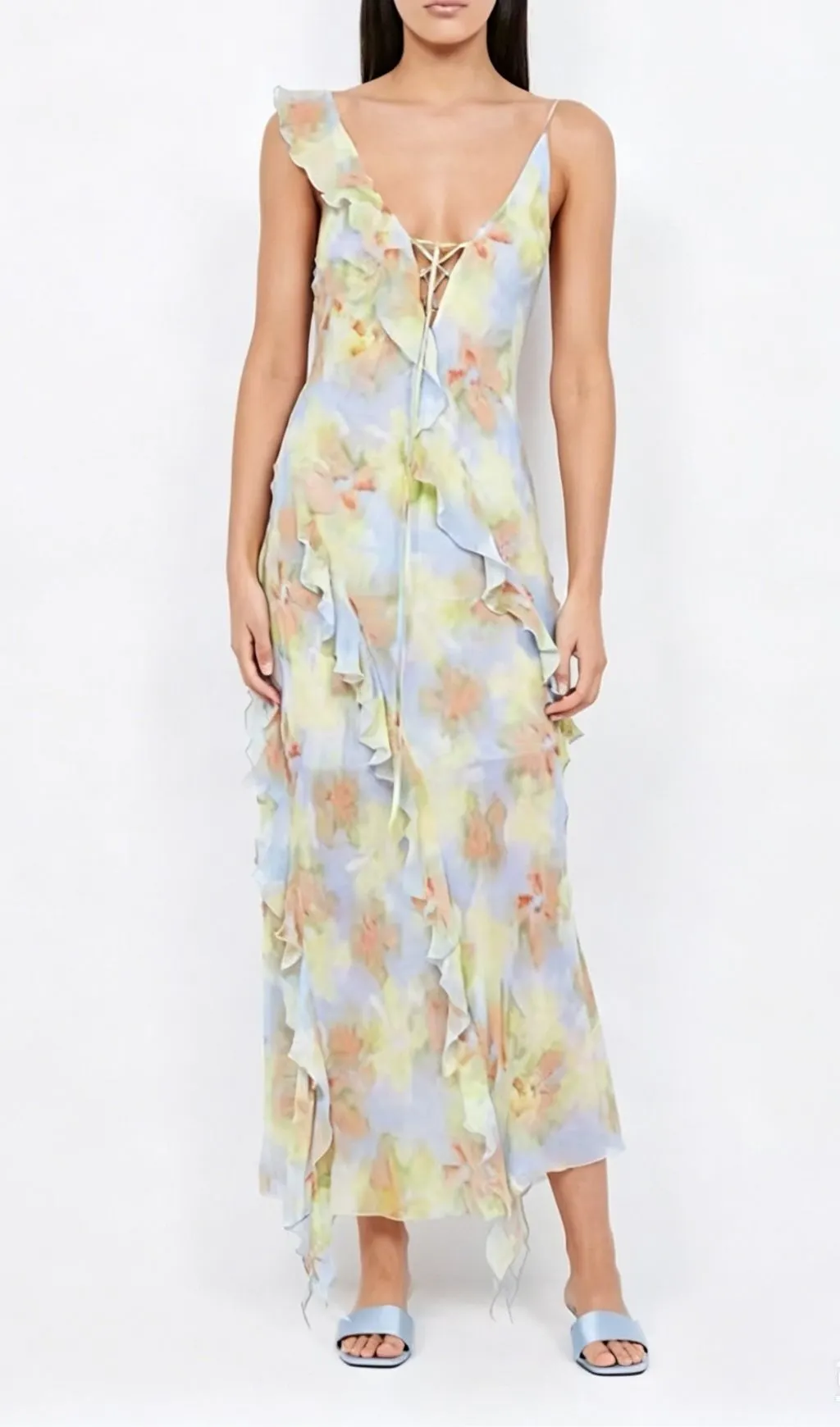 Jessie Blue Tie Dye V-Neck Ruffle Tie-Up Midi Dress