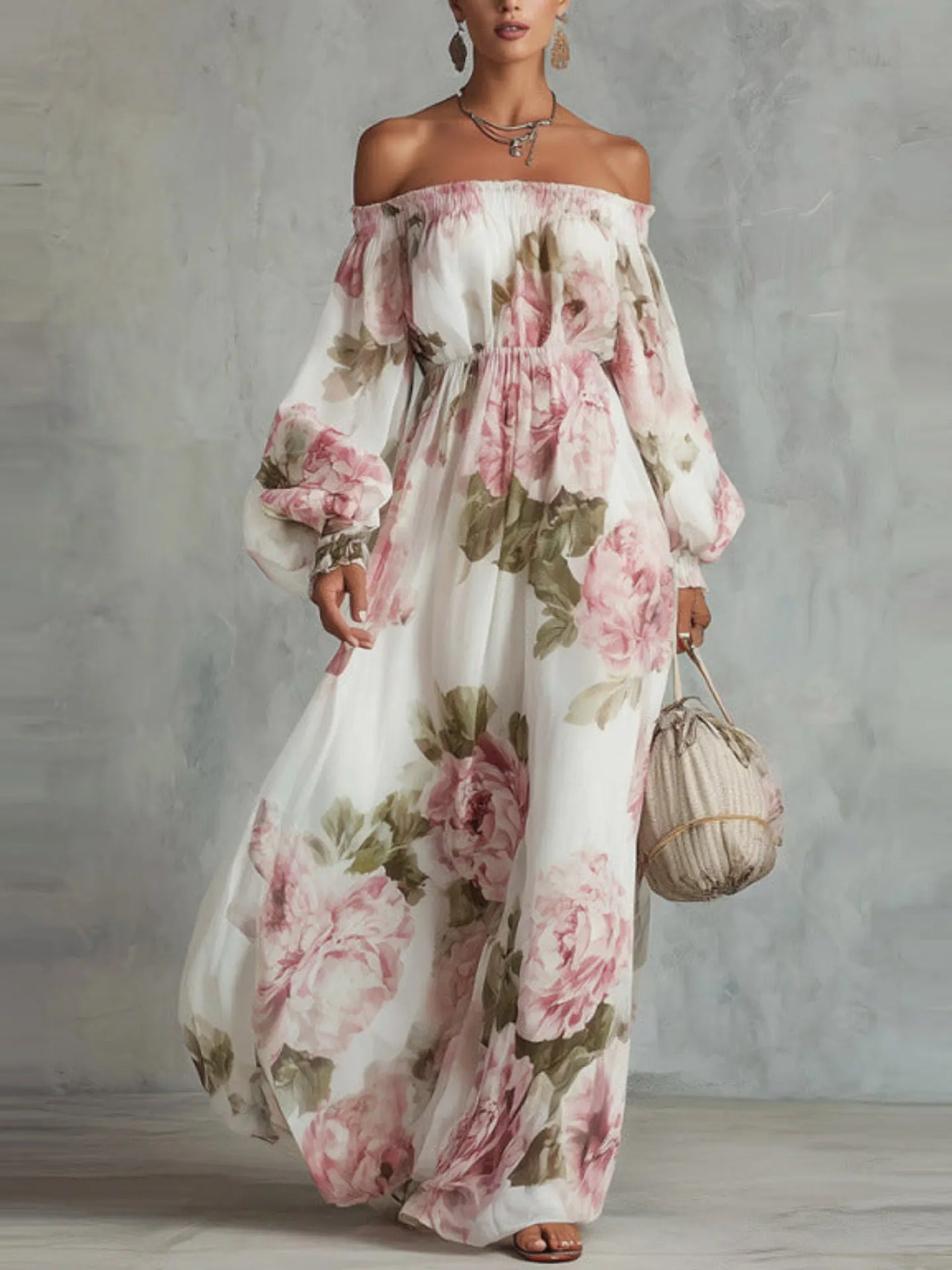 Off-Shoulder Print Lantern Sleeve Maxi Dress