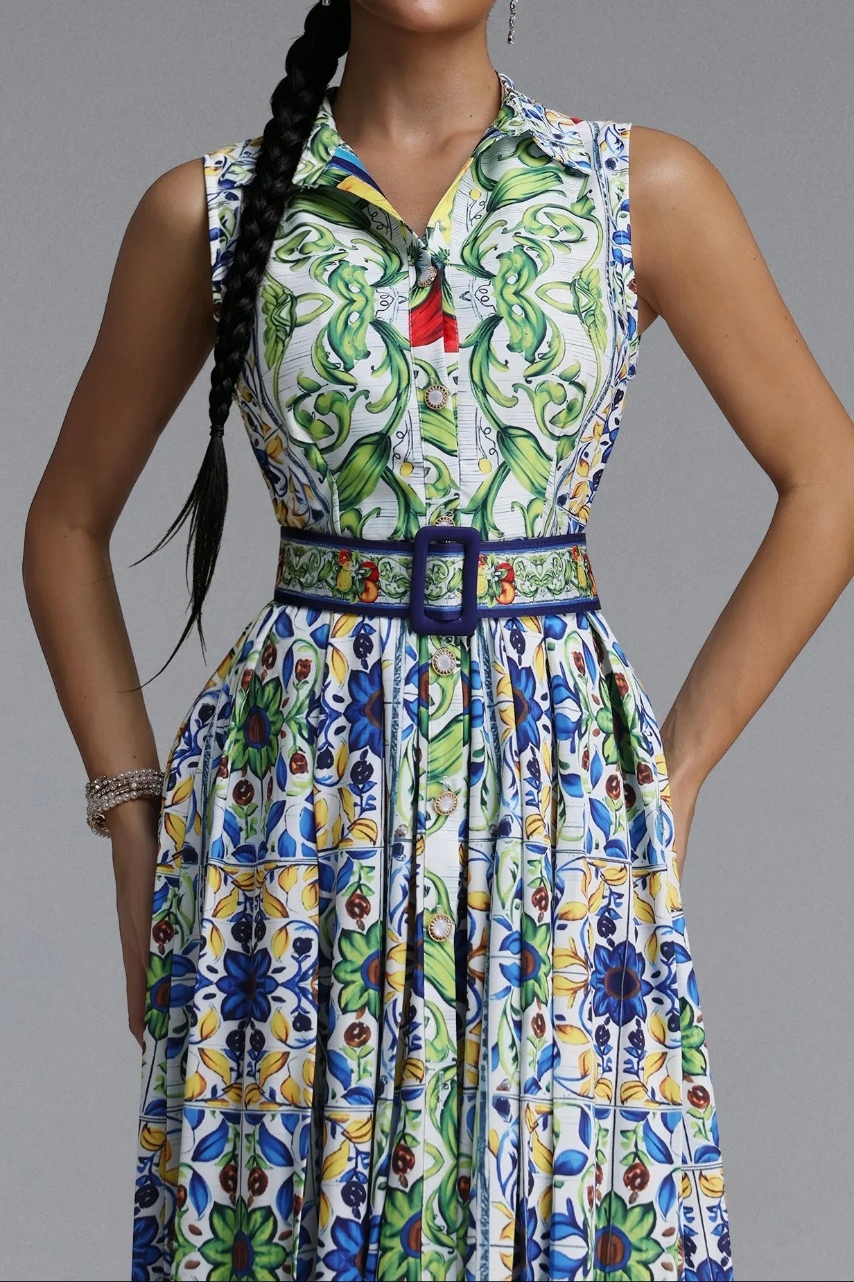 198550c6608ab6e4f1a5e6bee8facc18 Sleeveless Collared Tile Print Belted A-Line Midi Dress