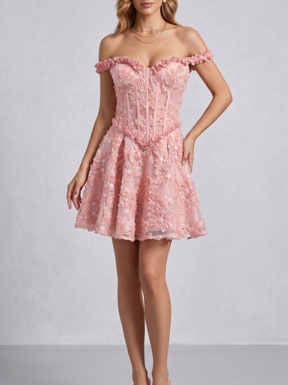 Jyvric Pink Off Shoulder Flower Mini Dress