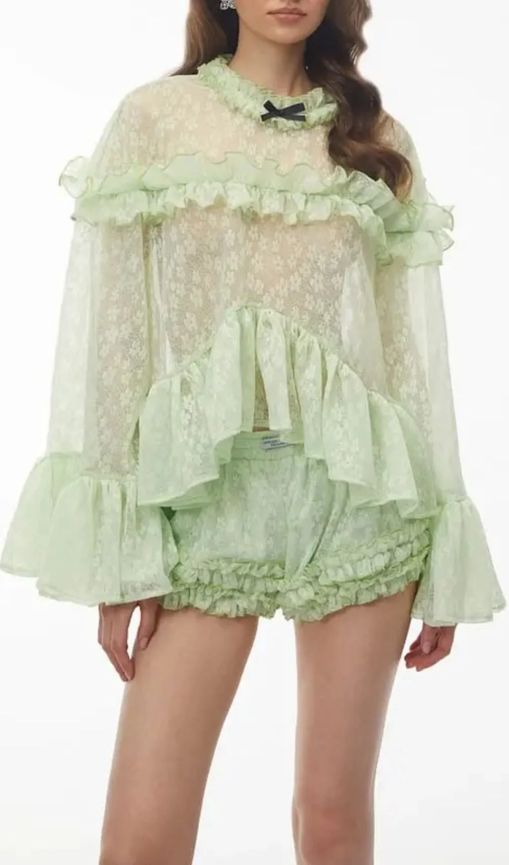 Vanessa Mint Green Floral Lace Ruffled Top & Shorts Set