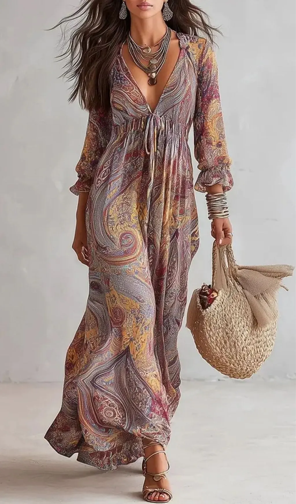Fashionslee Women Paisley Print V-neck Gathered Chiffon Maxi Dress