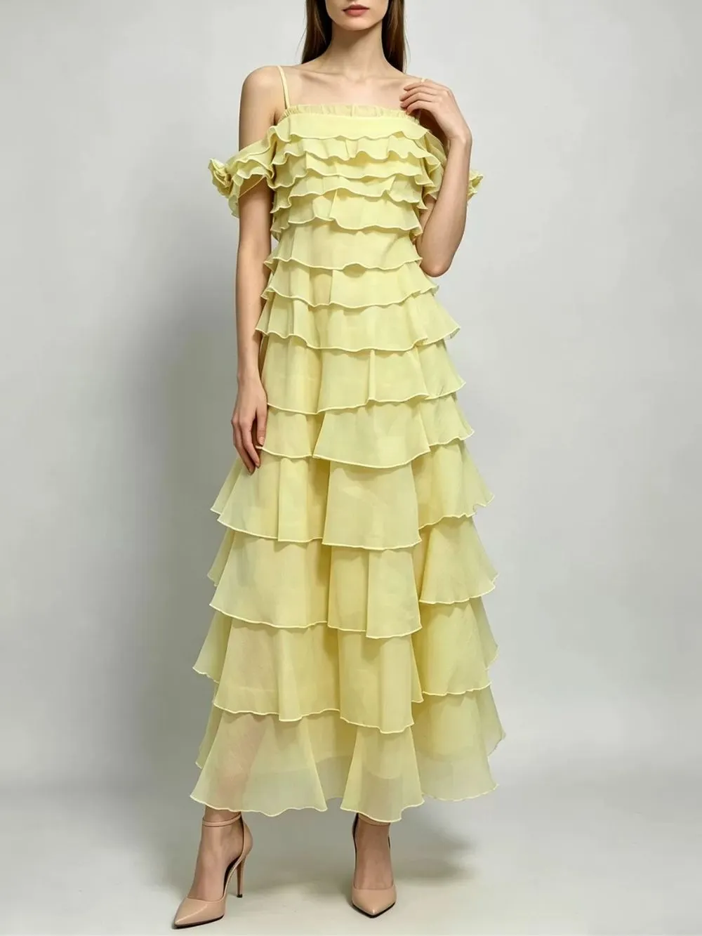 Malu Yellow Strappy Layered Midi Dress