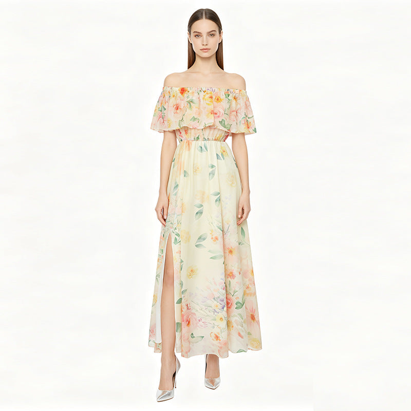 Off-Shoulder Print Slit Chiffon Maxi Dress - Pale Yellow