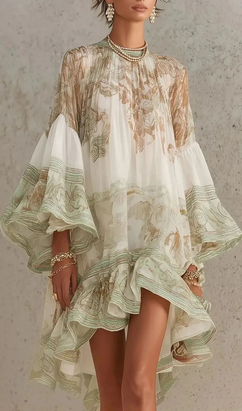 Green Print Ruffle Hem Flounce Sleeve Chiffon Mini Dress
