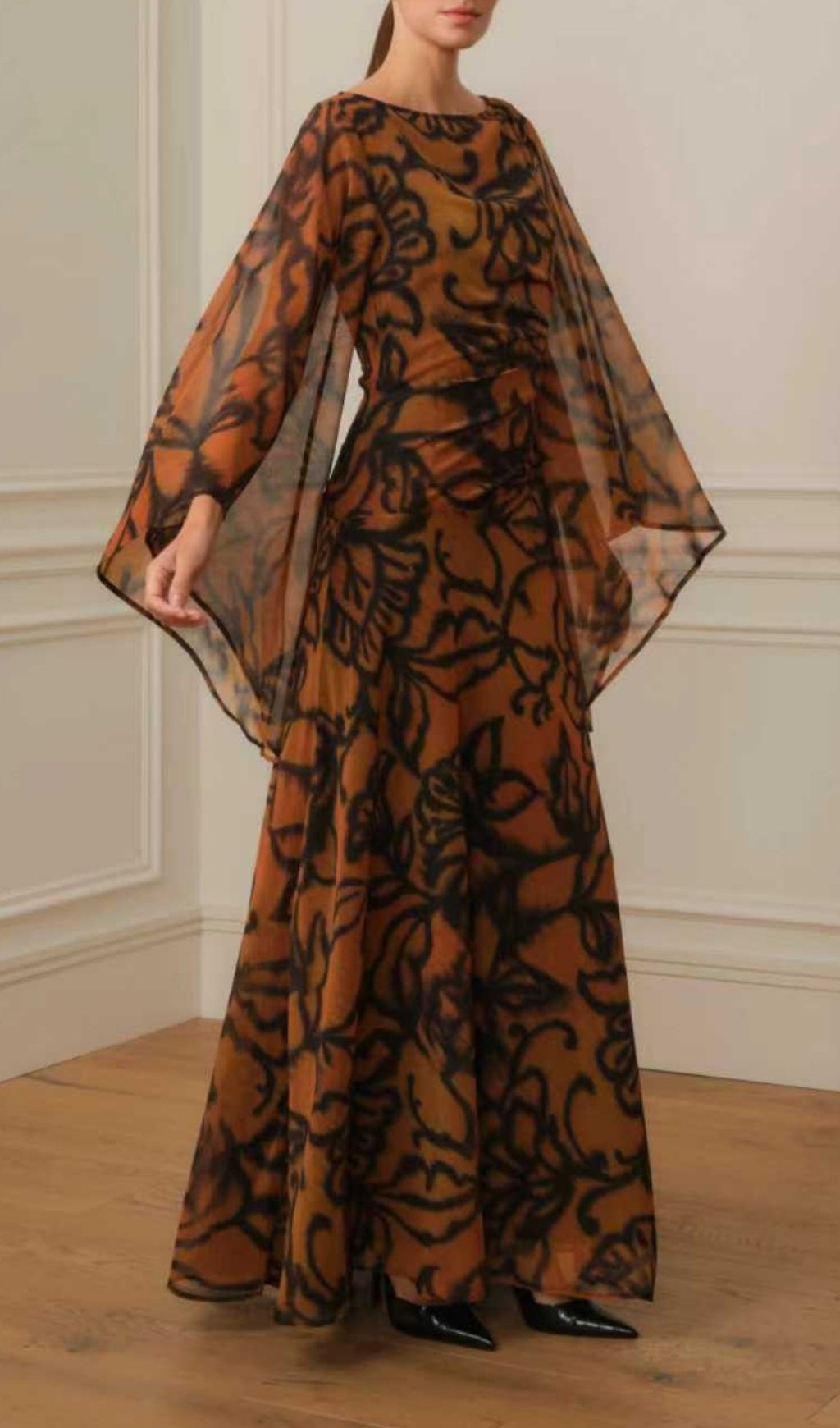 Fashionslee Women Brown Long Printed Dress With Wide Sleeves